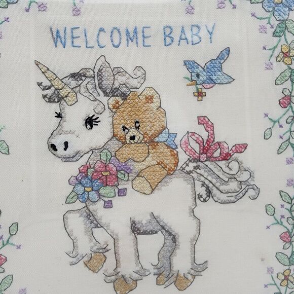 Vtg 90s Dimensions Unicorn Teddy Cross Stitch Framed Art Welcome Baby 14.5x11.5 - Picture 3 of 7